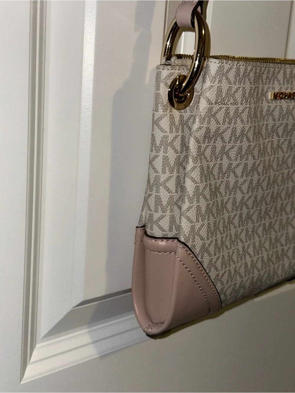 Michael Kors Pink & White MK Logo Crossbody with Gold Hardware